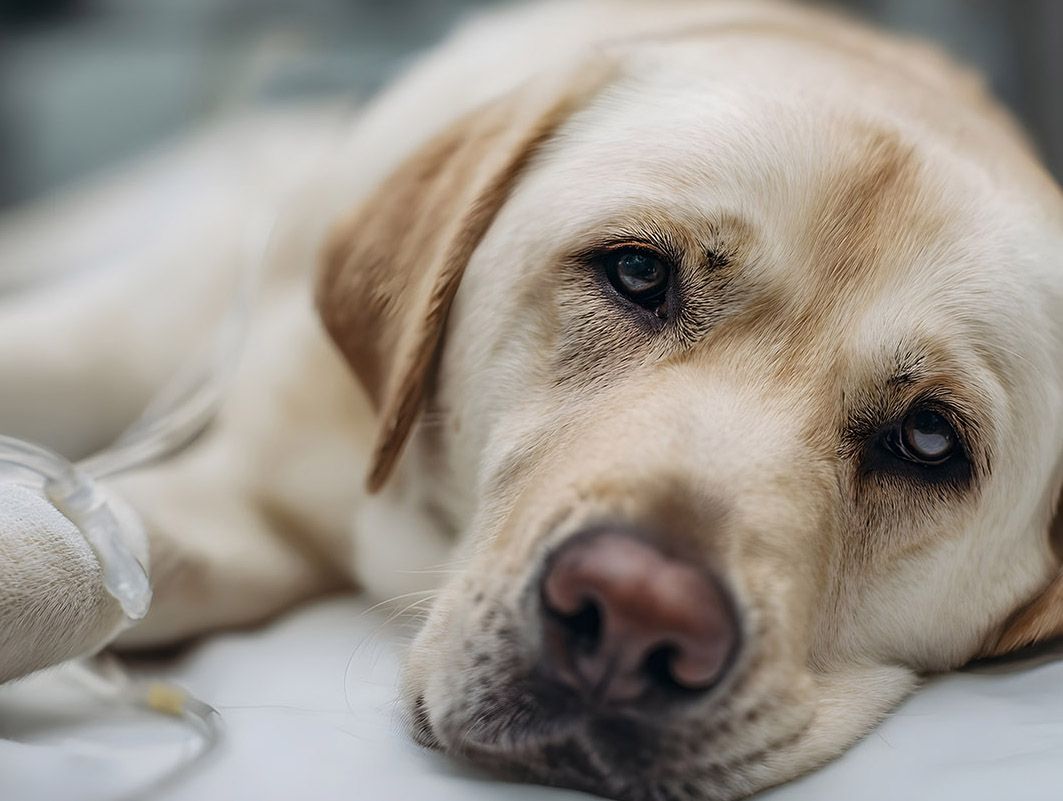 A sad looking Labrador Retriever lies on a veterinary examinatio